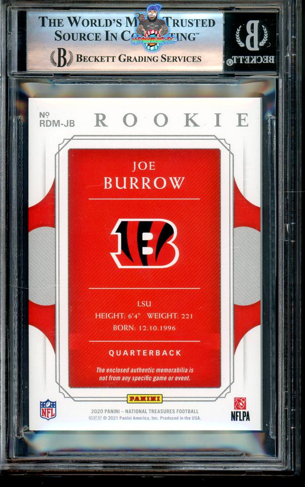 Back of 2020 National Treasures Rookie Dual Materials Joe Burrow #1 /99