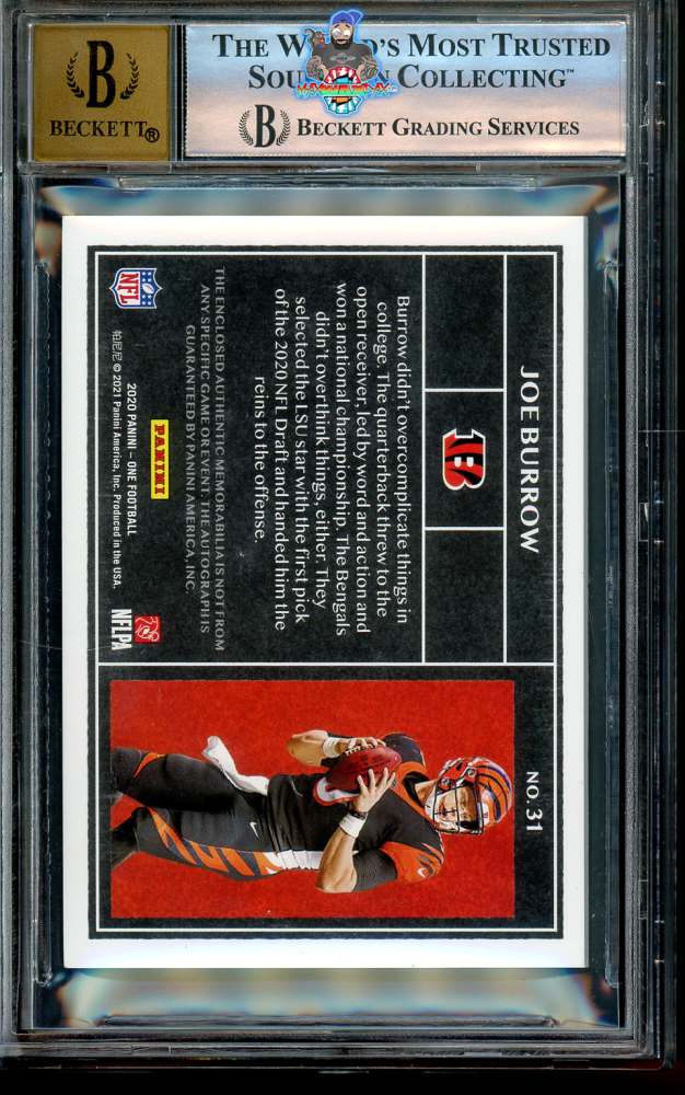 Back of 2020 Panini One Blue Joe Burrow #31 /35