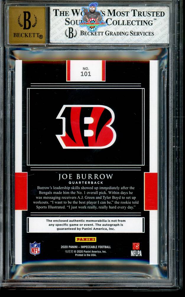 Back of 2020 Panini Impeccable Elegance Rookie Helmet and Football Autograph Joe Burrow #101 /5