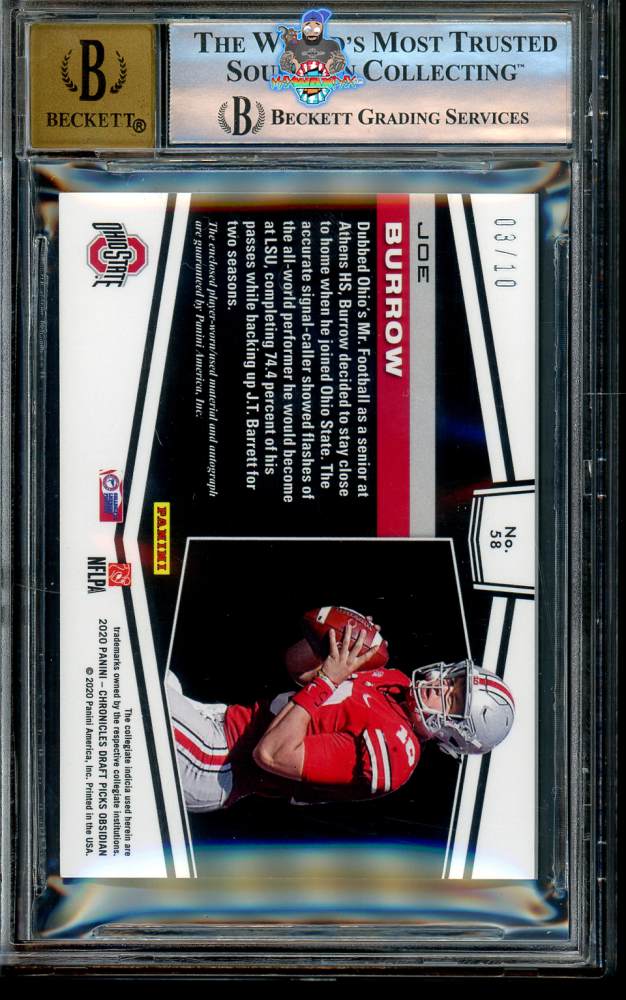 Back of 2020 Panini Obsidian Draft Picks Jersey Autograph Electric Etch Purple Joe Burrow #58 /10