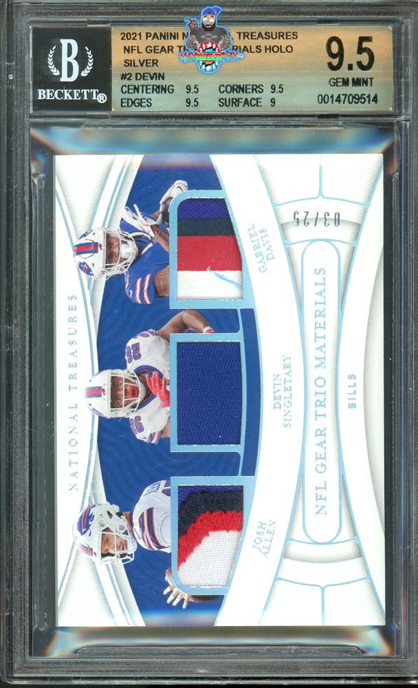 2021 National Treasures NFL Gear Trio Materials Holo Silver Devin Singletary/Gabriel Davis/Josh Allen #2 /25