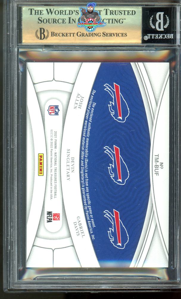 Back of 2021 National Treasures NFL Gear Trio Materials Holo Silver Devin Singletary/Gabriel Davis/Josh Allen #2 /25