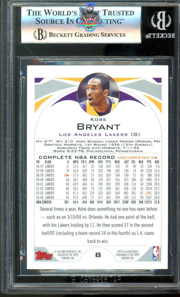 Back of 2004 Topps First Edition Kobe Bryant #8