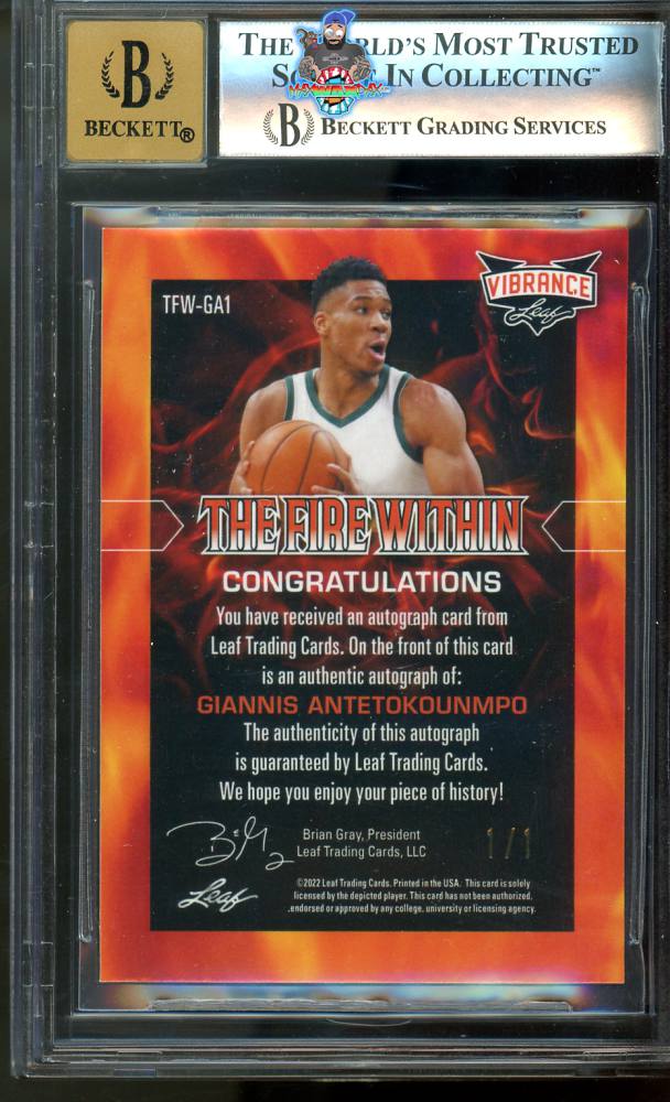 Back of 2022 Leaf Vibrance the Fire Within Autograph Gold Circles Giannis Antetokounmpo #FWGA1 /1