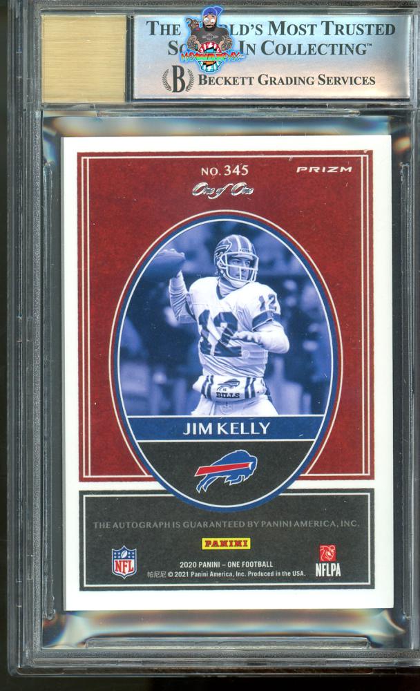 Back of 2020 Panini One Once Upon A Time Signature Gold Vinyl Prizm Jim Kelly #345 /1