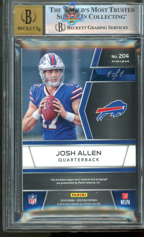 Back of 2018 Panini Spectra Rookie Patch Autograph Gold Laundry Tag Nike Swoosh Prizm Josh Allen #204 /1