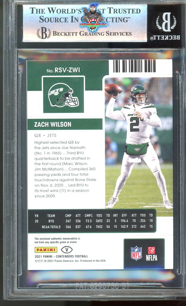 Back of 2021 Panini Contenders Team Helmet Variation Rookie Ticket Swatch Zach Wilson #2