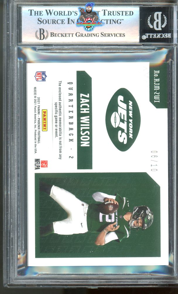 Back of 2021 Panini Phoenix Rookie Jumbo Memorabilia Prime Green Zach Wilson #28 /10
