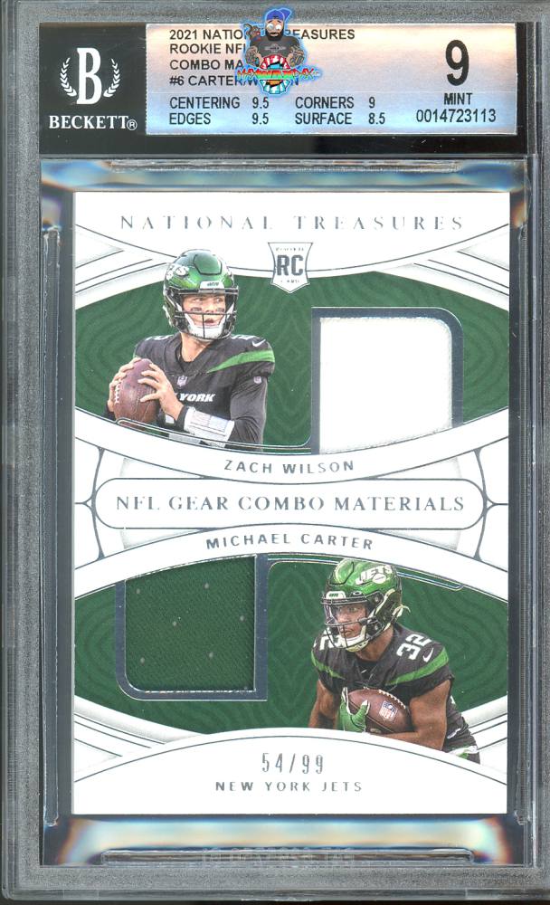 2021 National Treasures Rookie NFL Gear Combo Materials Michael Carter/Zach Wilson #6 /99