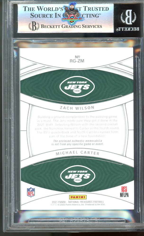 Back of 2021 National Treasures Rookie NFL Gear Combo Materials Michael Carter/Zach Wilson #6 /99
