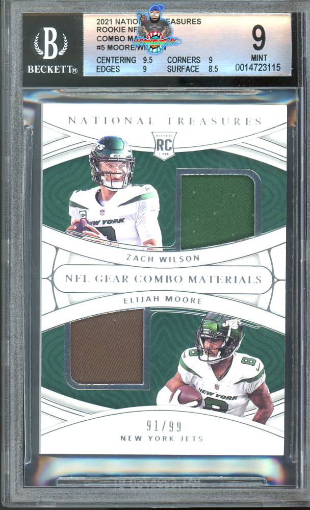 2021 National Treasures Rookie NFL Gear Combo Materials Elijah Moore/Zach Wilson #5 /99