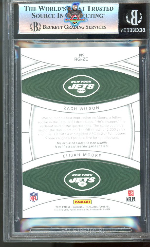 Back of 2021 National Treasures Rookie NFL Gear Combo Materials Elijah Moore/Zach Wilson #5 /99