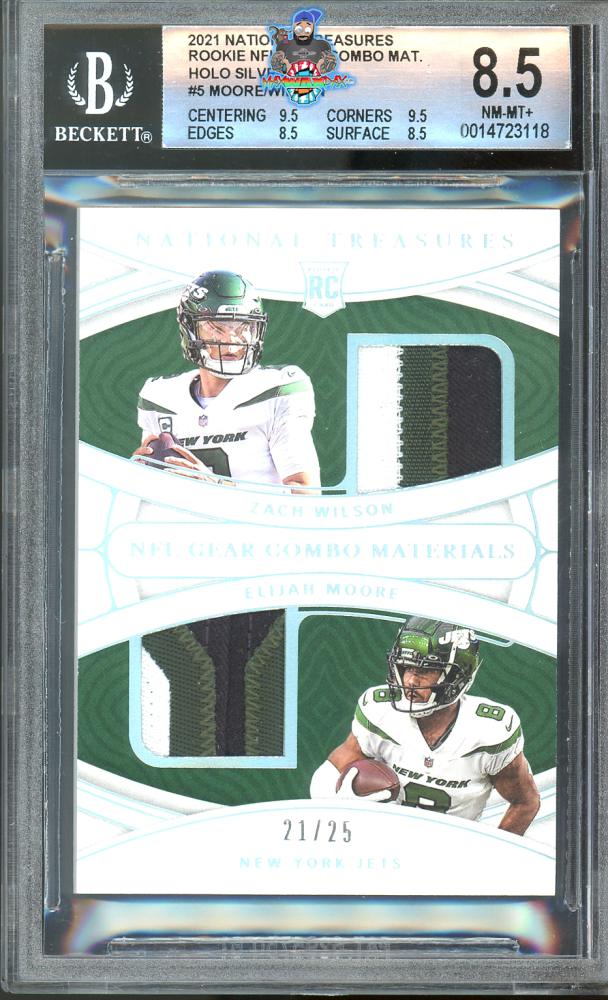 2021 National Treasures Rookie NFL Gear Combo Materials Holo Silver Elijah Moore/Zach Wilson #5 /25