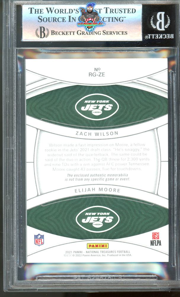 Back of 2021 National Treasures Rookie NFL Gear Combo Materials Holo Silver Elijah Moore/Zach Wilson #5 /25
