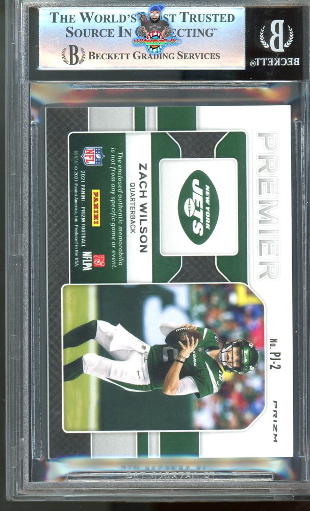 Back of 2021 Panini Prizm Premier Jersey Zach Wilson #PJ2