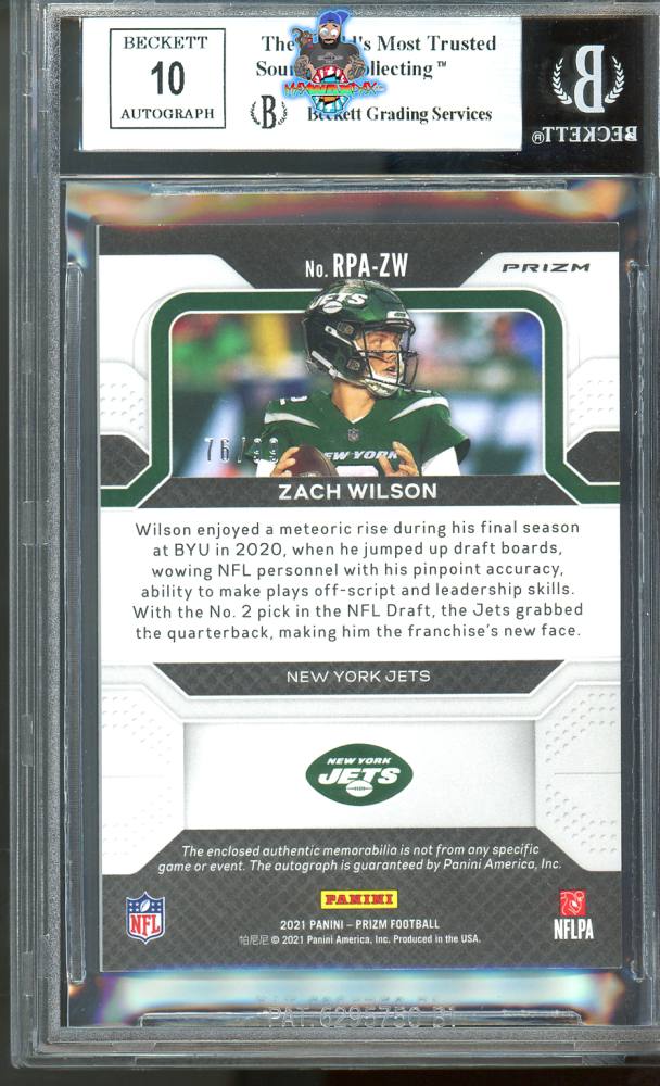 Back of 2021 Panini Prizm Rookie Patch Autograph Silver Prizm Zach Wilson #2 /99