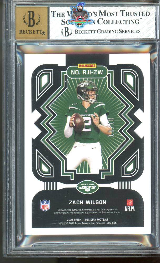Back of 2021 Panini Obsidian Rookie Jersey Ink Electric Etch Red Zach Wilson #2 /10