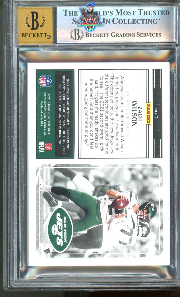 Back of 2021 Panini One Jersey Autograph Zach Wilson #2 /30