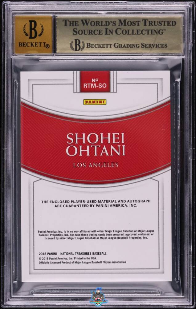 Back of 2018 National Treasures Rookie Triple Material Ink Platinum Shohei Ohtani #25 /1