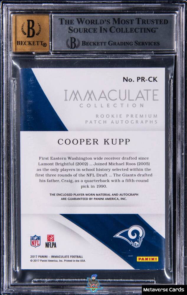 Back of 2017 Panini Immaculate Collection Rookie Premium Patch Autographs NFL Shield Cooper Kupp #25 /1
