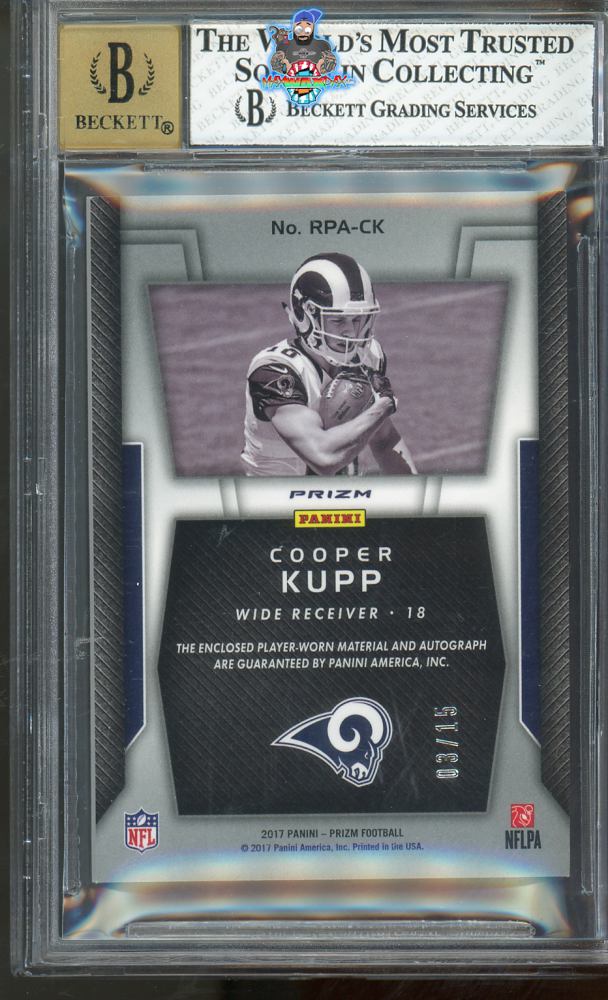 Back of 2017 Panini Prizm Rookie Patch Autograph Red Power Prizm Cooper Kupp #17 /15