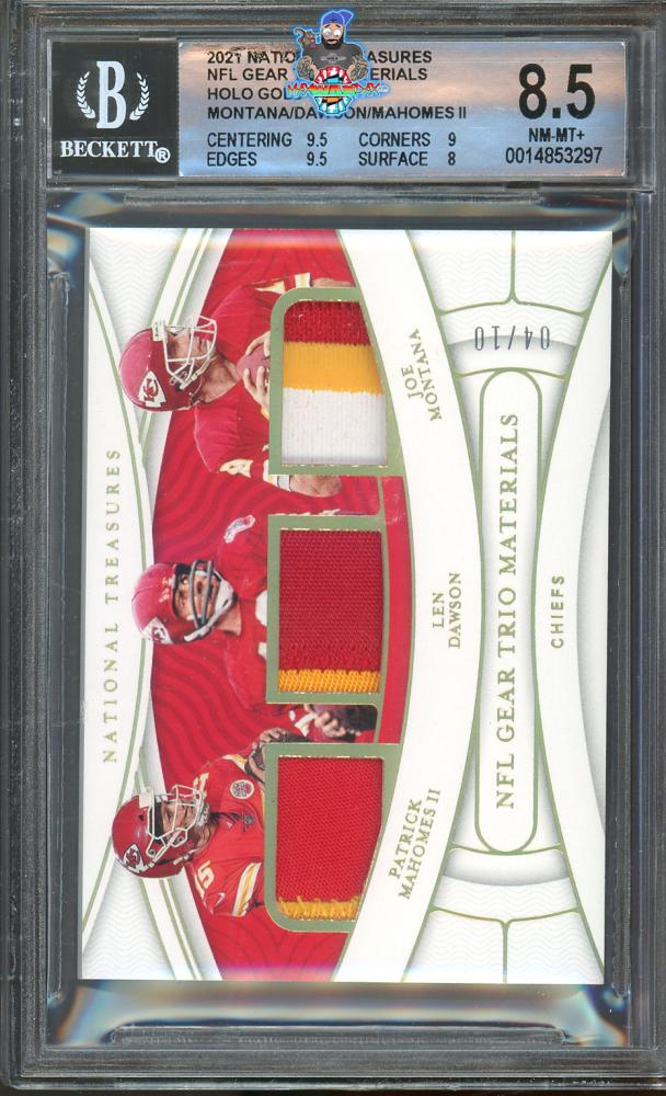 2021 National Treasures NFL Gear Trio Materials Holo Gold Joe Montana/Len Dawson/Patrick Mahomes II #9 /10