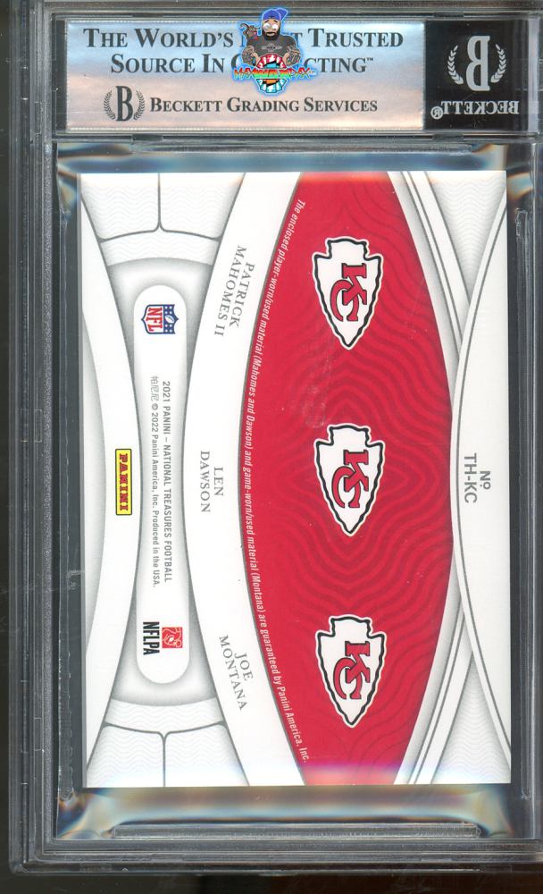 Back of 2021 National Treasures NFL Gear Trio Materials Holo Gold Joe Montana/Len Dawson/Patrick Mahomes II #9 /10
