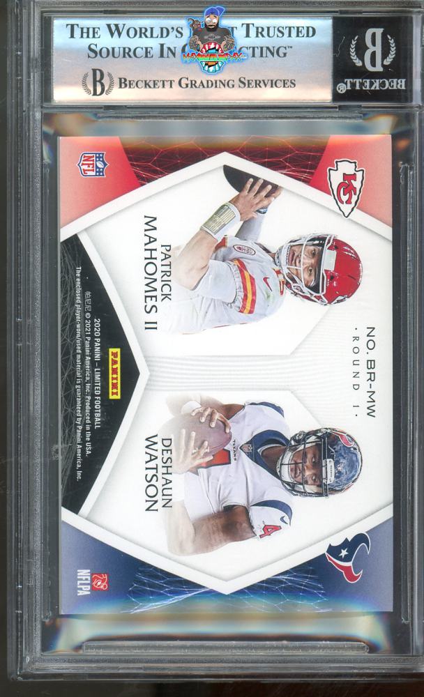 Back of 2020 Panini Limited Bound By Round Dual Jerseys Silver Spotlight Deshaun Watson/Patrick Mahomes II #1 /25