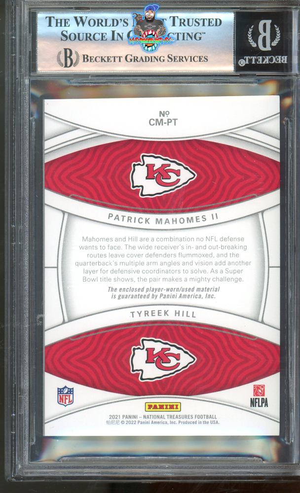 Back of 2021 National Treasures NFL Gear Combo Materials Patrick Mahomes Ii/Tyreek Hill #26 /99
