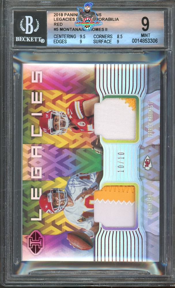 2018 Panini Illusions Legacies Dual Memorabilia Red Joe Montana/Patrick Mahomes II #5 /10