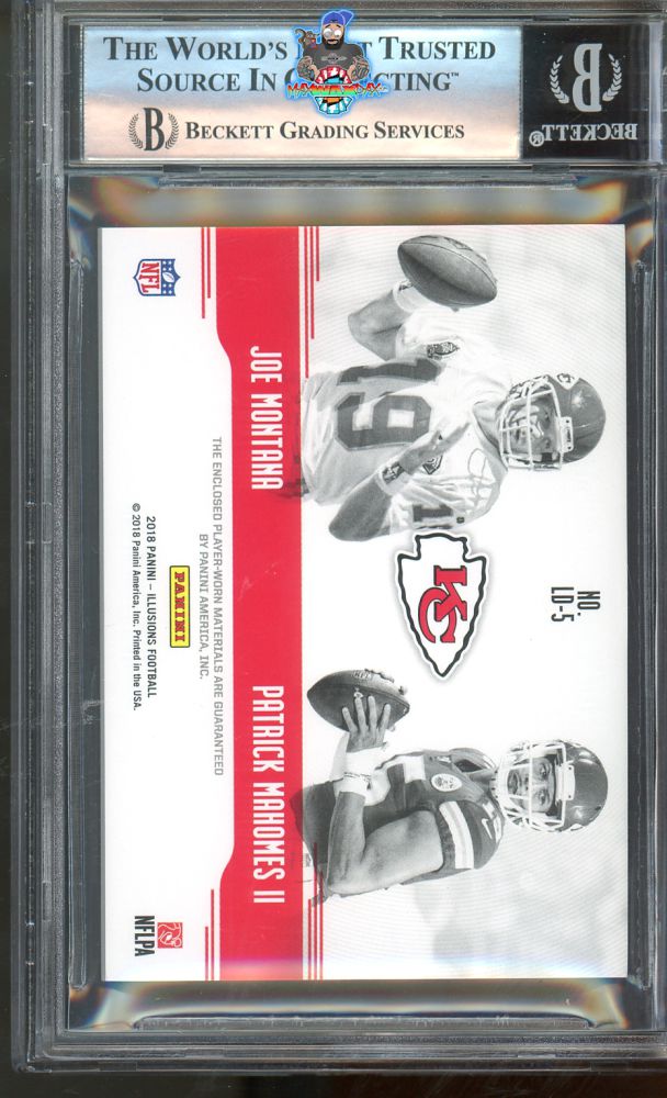 Back of 2018 Panini Illusions Legacies Dual Memorabilia Red Joe Montana/Patrick Mahomes II #5 /10