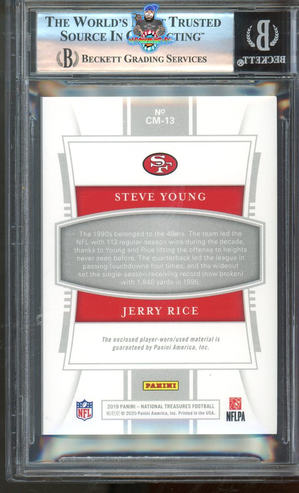 Back of 2019 National Treasures NFL Gear Combo Materials Jerry Rice/Steve Young #13 /99