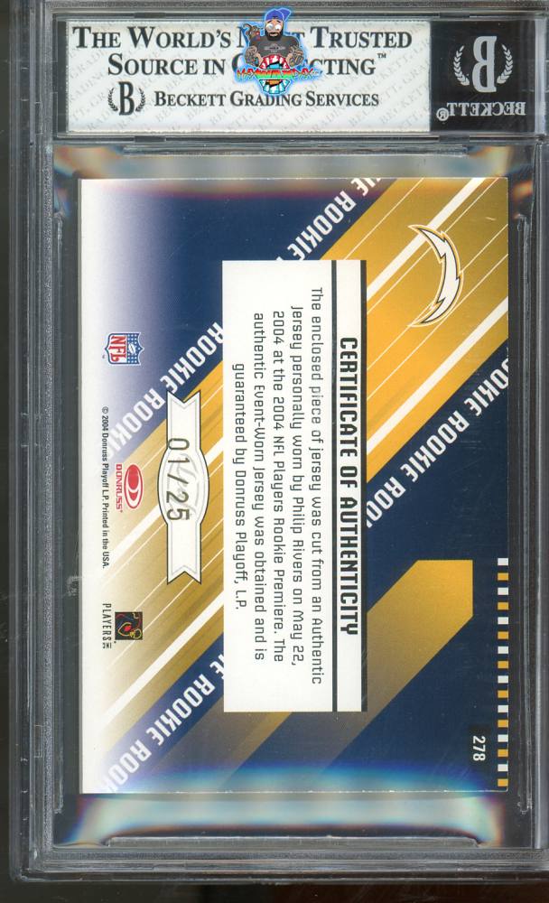 Back of 2004 Leaf Rookies and Stars Longevity Jersey Emerald Philip Rivers #278 /25
