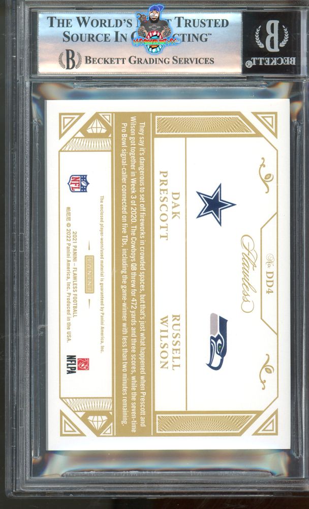 Back of 2021 Panini Flawless Dual Diamond Memorabila Brand Logos Dak Prescott/Russell Wilson #4 /2