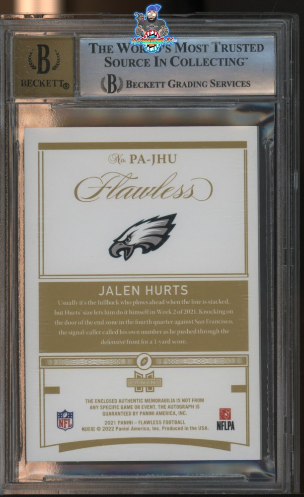 Back of 2021 Panini Flawless Patch Autograph Sapphire Jalen Hurts #8 /5