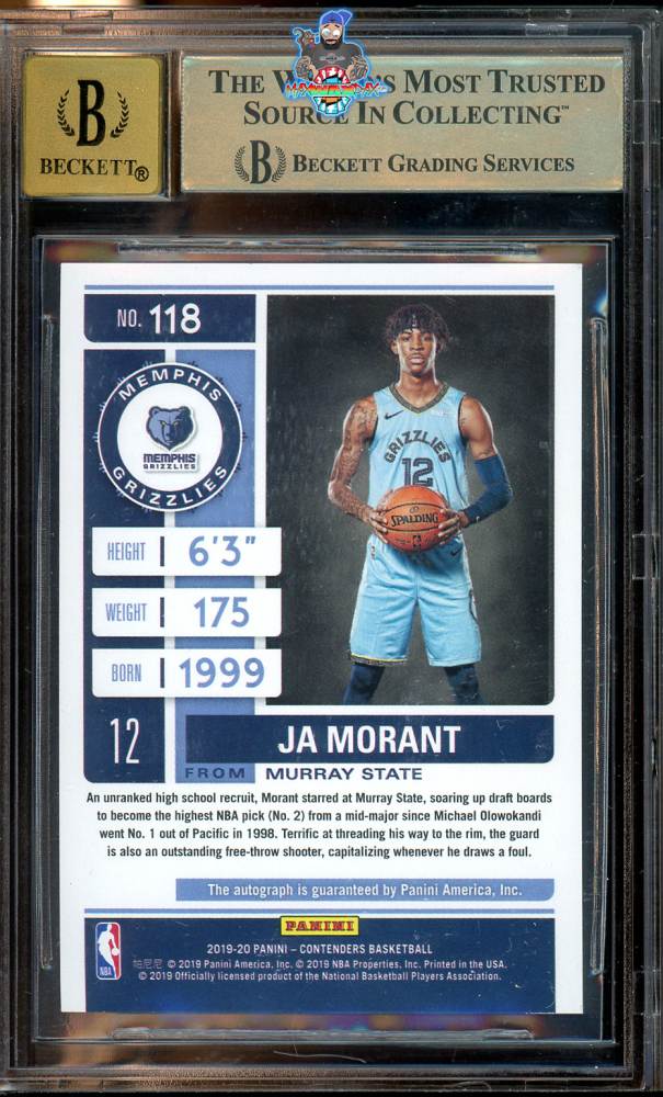 Back of 2019 Panini Contenders Photo Variations Cracked Ice Variation Autograph Ticket Ja Morant #118 /25