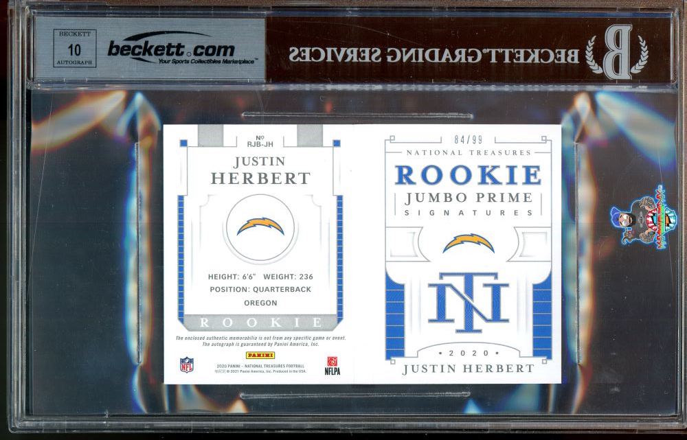 Back of 2020 National Treasures Rookie Jumbo Material Prime Signature Booklet Justin Herbert #3 /99