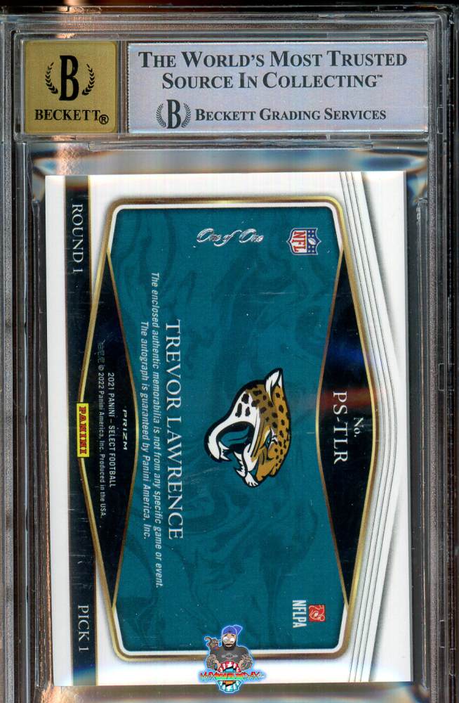 Back of 2021 Panini Select Prime Selections NFL Shield Signature Black Prizm Trevor Lawrence #37 /1