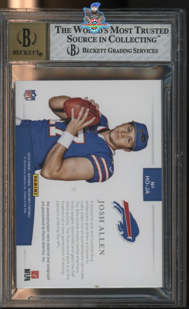 Back of 2018 National Treasures Rookie Hats Off Signature NFL Shield Josh Allen #5 /3