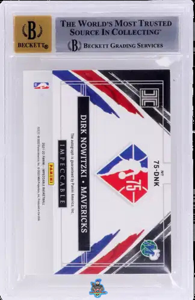 Back of 2021 Panini Impeccable NBA 75th Anniversary Autograph Dirk Nowitzki #75-DNK /25