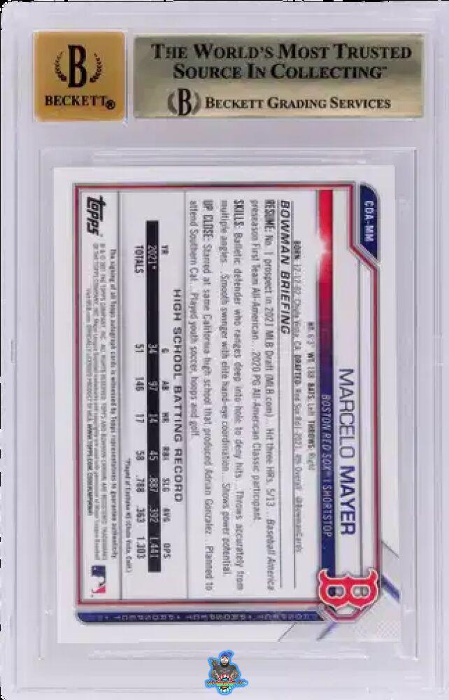 Back of 2021 Bowman Draft Chrome Autograph Blue Refractor Marcelo Mayer #CDAMM /150