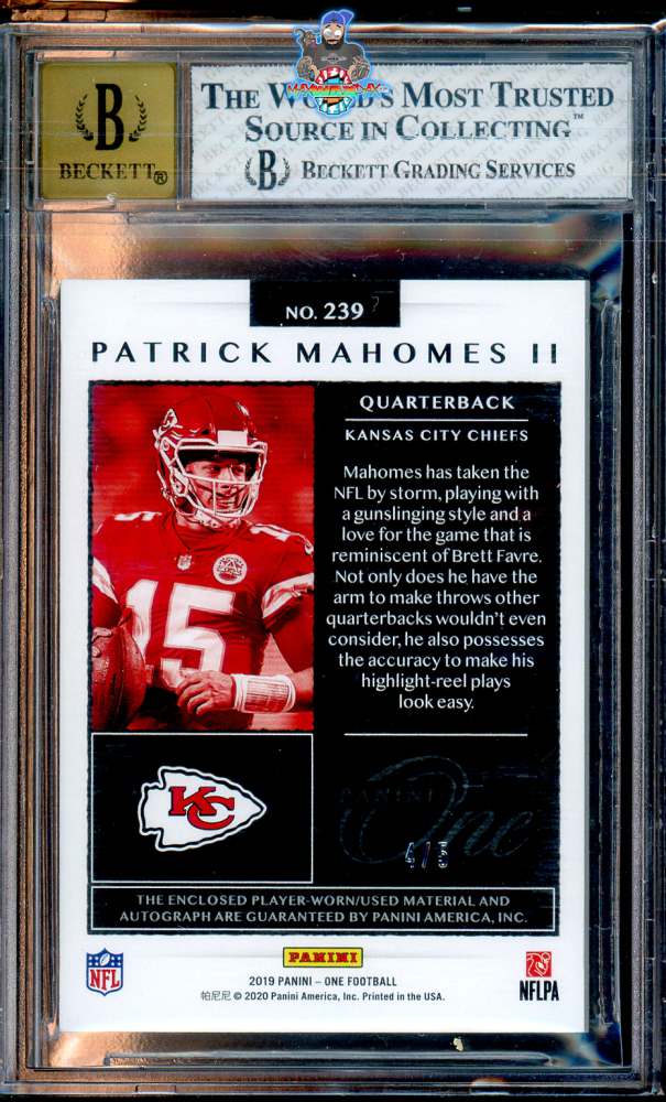 Back of 2019 Panini One Jumbo Tag Autograph Patrick Mahomes II #239 /5