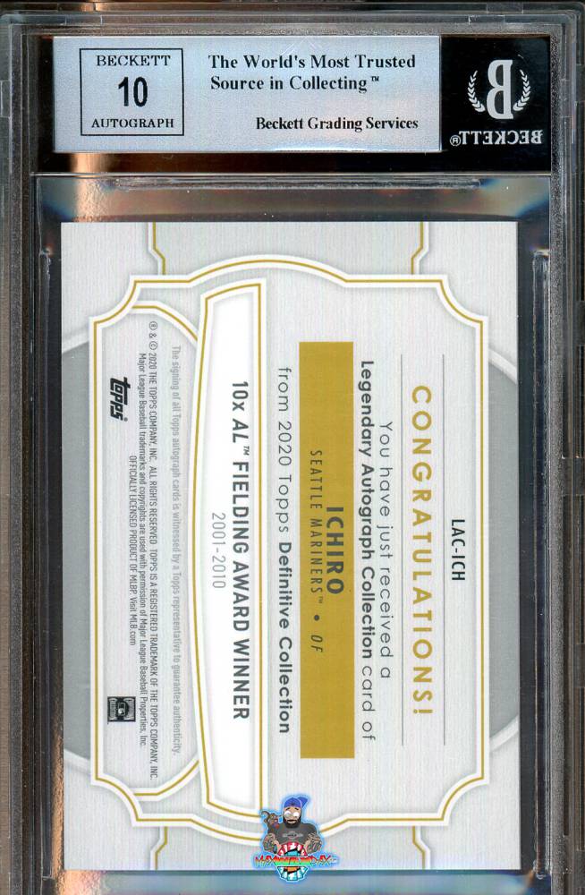 Back of 2020 Topps Definitive Collection Legendary Autograph Red Ichiro Suzuki #LACICH /1