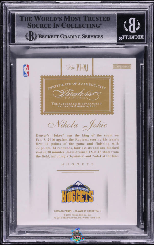 Back of 2015 Panini Flawless Premium Ink Autograph Sapphire Nikola Jokic #PINJ /10