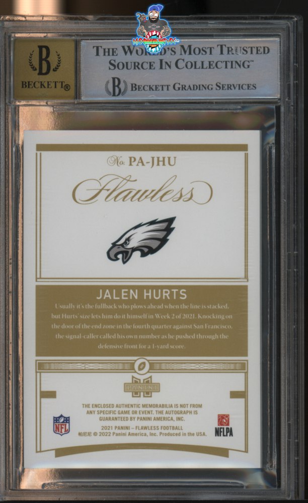 Back of 2021 Panini Flawless Patch Autograph Bronze Jalen Hurts #8 /6