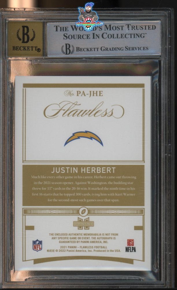 Back of 2021 Panini Flawless Patch Autograph Bronze Justin Herbert #4 /6