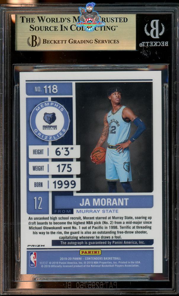 Back of 2019 Panini Contenders One Hand Ball Rookie Ticket Autograph Premium Ja Morant #118