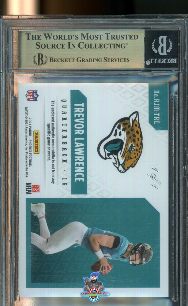 Back of 2021 Panini Phoenix Rookie Jumbo Memorabilia Super Prime Gold Trevor Lawrence #15 /1