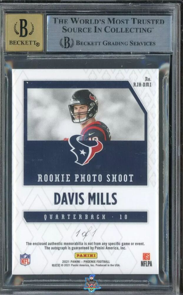 Back of 2021 Panini Phoenix Rookie Premiere Jersey Autograph Laundry Tag NFL Shield Davis Mills #23 /1