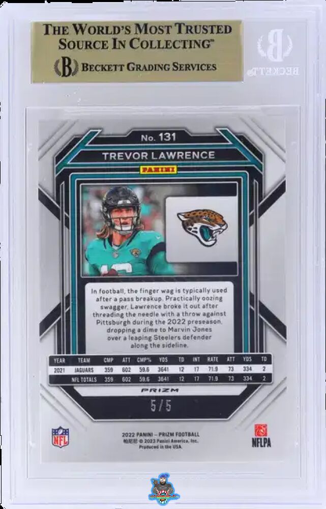 Back of 2022 Panini Prizm Gold Vinyl Prizm Trevor Lawrence #131 /5